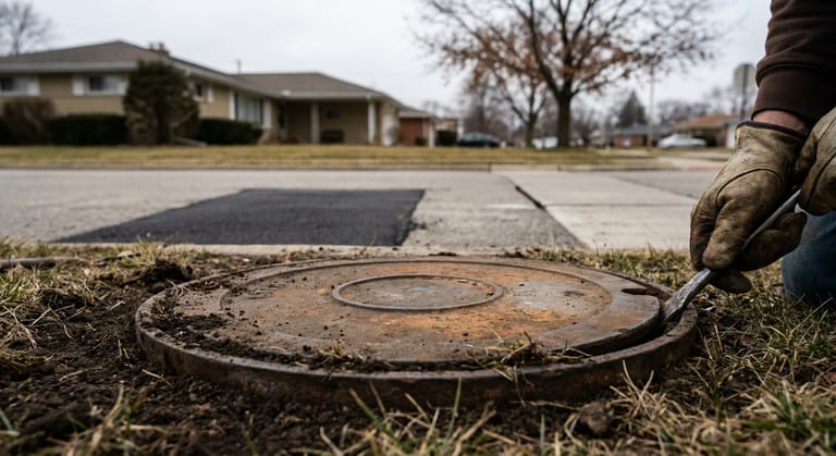 A cast iron curb box lid in the grass strip between a suburban sidewalk and the street.