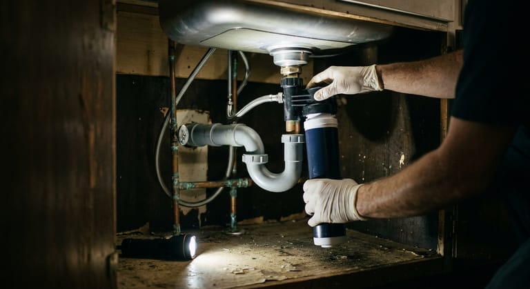 Gloved hands twisting a cylindrical water filter cartridge into its head on a cold supply line inside an open cabinet under a kitchen sink.