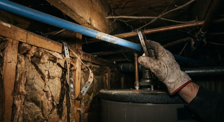 A gloved hand shines a phone light along a blue plastic water pipe in a crawl space to reveal faint worn printing.