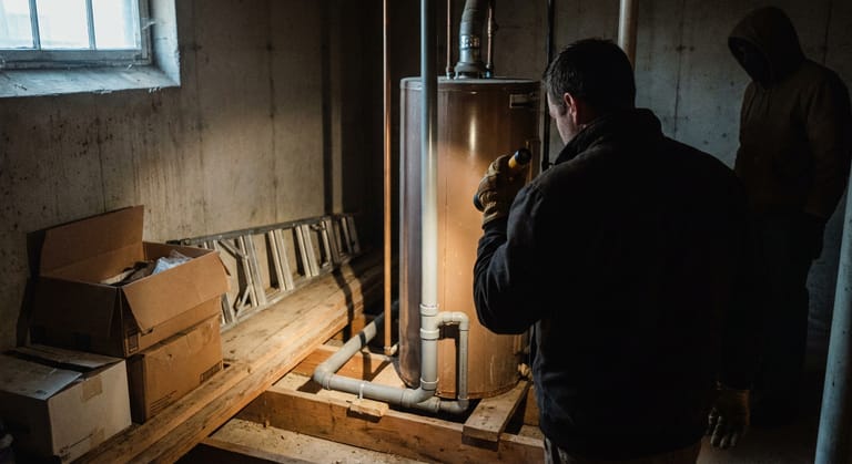 A person seen from behind aiming a flashlight at gray plastic supply tubing along basement joists near a water heater, with a second figure standing back in shadow.