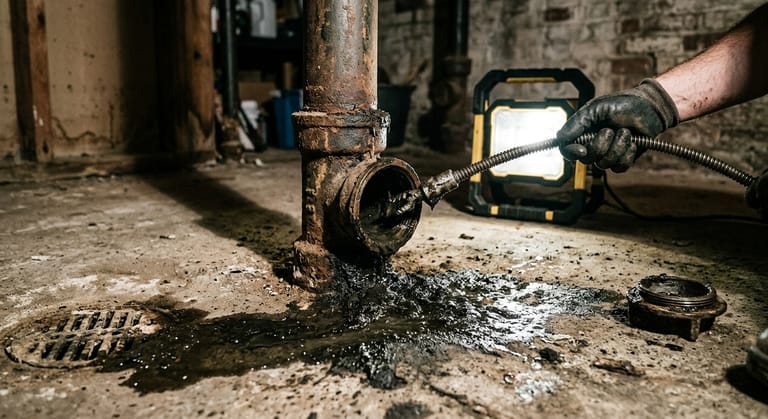 A drain cable fed into an open cleanout on an old steel waste line at basement floor level, with sludge smeared around the fitting.