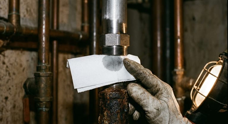 Gloved fingers pressing a folded paper towel under a threaded steel pipe fitting, a damp gray stain soaking through the paper.