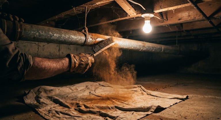A gloved hand brushing rust off an exposed galvanized steel pipe under basement joists, with dust falling onto a canvas drop cloth.