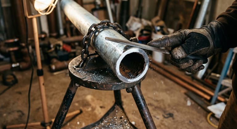 A gloved hand filing the freshly cut end of a galvanized steel pipe, showing bright metal around a rust-narrowed bore.