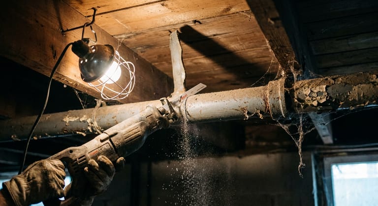 Gloved hands cutting through an old galvanized steel water pipe in a basement joist bay with a reciprocating saw.