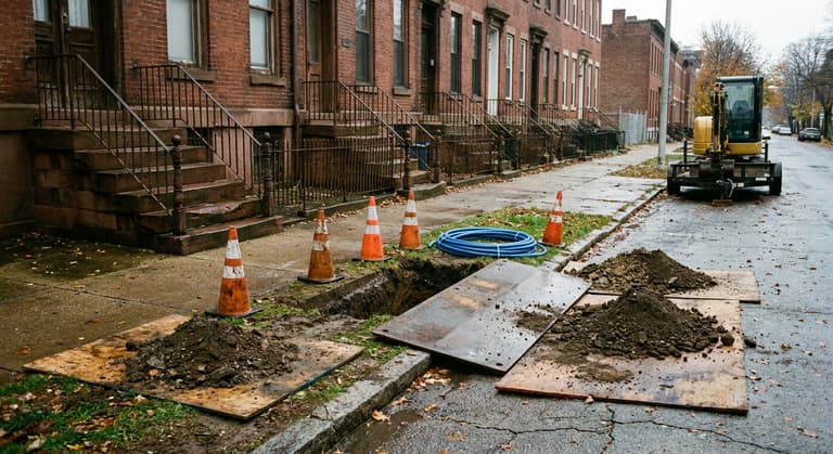 Brick rowhouses on an overcast morning with a coned-off trench open in the grass strip by the curb and a coil of new water tubing beside it.
