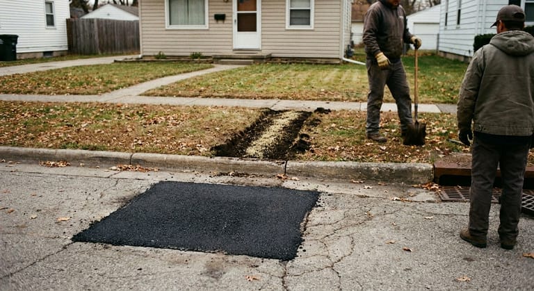 A residential street of small postwar houses with a fresh asphalt patch at the curb and a reseeded strip of lawn where a water service line was replaced.