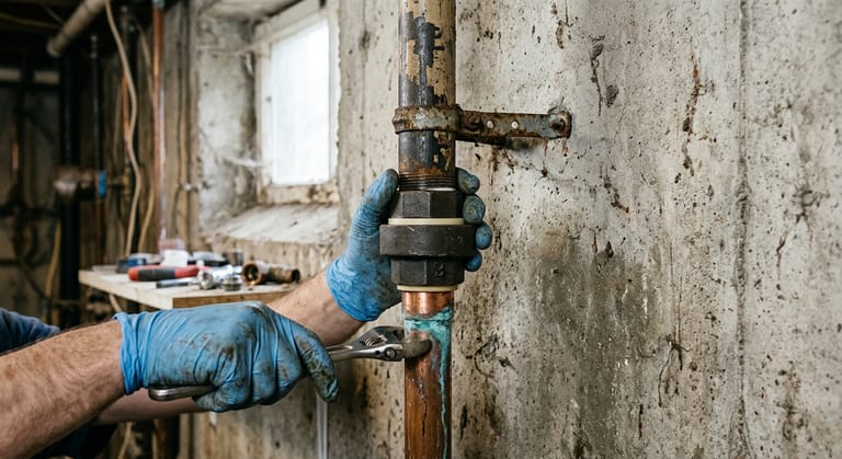 A dielectric union connecting an old galvanized steel pipe to copper tubing on a basement wall.