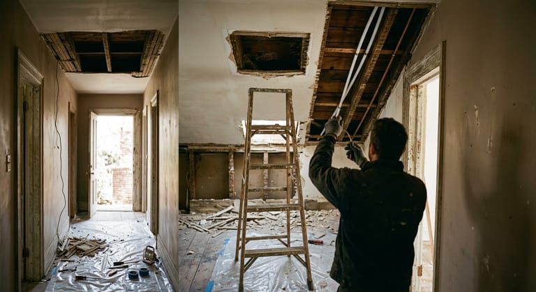 Rectangular access holes cut in a hallway ceiling to reach water lines, with plaster debris on a plastic floor covering.
