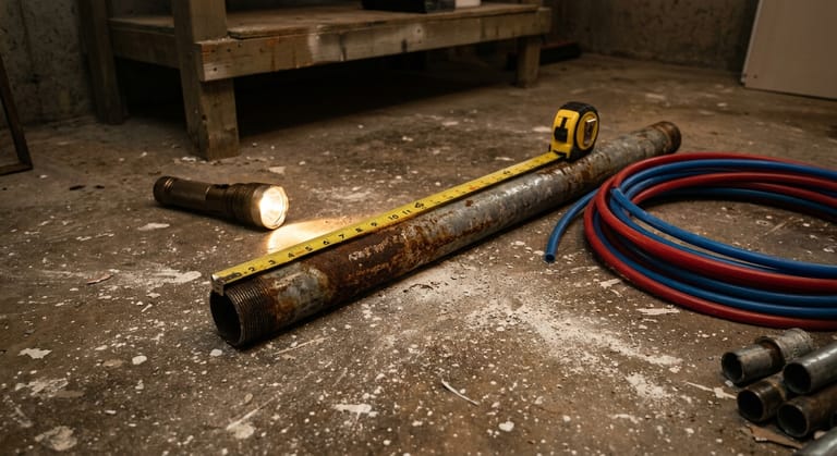 A cut length of rusted galvanized pipe on a basement floor beside a coil of PEX tubing, a tape measure and a flashlight.
