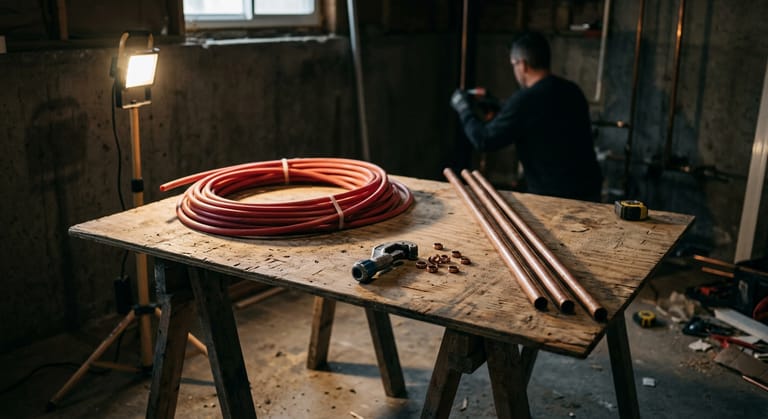 A coil of PEX tubing and several cut lengths of copper pipe laid side by side on a plywood work surface.