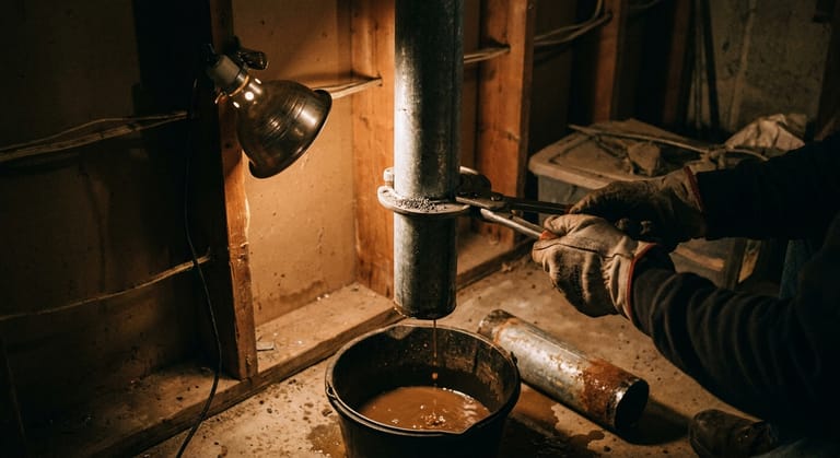 A cut galvanized steel riser in a basement joist bay with a pipe cutter clamped above the cut and the removed section on the floor.