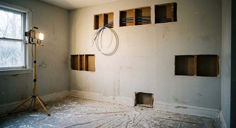 Rectangular access holes cut in an interior wall near the ceiling, with new plastic tubing looping out of one opening.