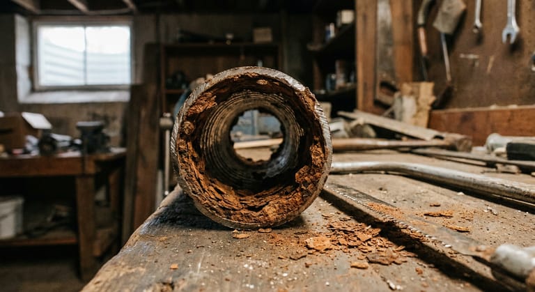 A cut section of galvanized steel pipe showing rust scale that has narrowed the opening to a small hole.