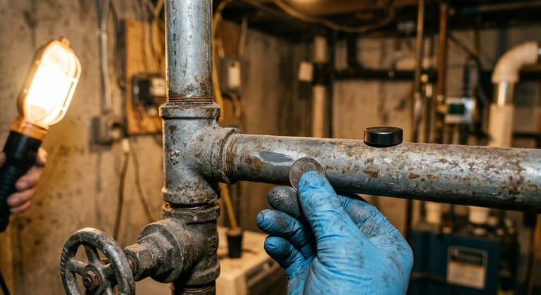 A gloved hand scraping a coin across a gray steel water pipe near a shutoff valve, with a small magnet resting on the pipe beside the scratch.