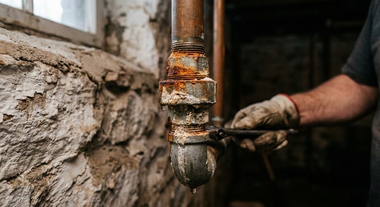 Rusted threaded joint on an old galvanized steel water pipe against a stone basement wall, with white mineral crust and a hanging water droplet.