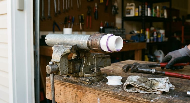 A galvanized steel pipe end clamped in a vise with a white PVC adapter threaded into a steel coupling, primer staining the plastic socket.