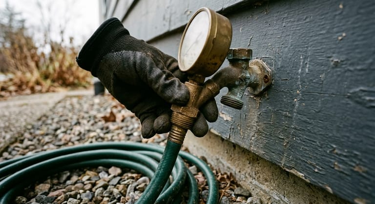 A gloved hand steadying a brass pressure gauge screwed onto an outdoor hose bib, with its dial turned away from the camera.