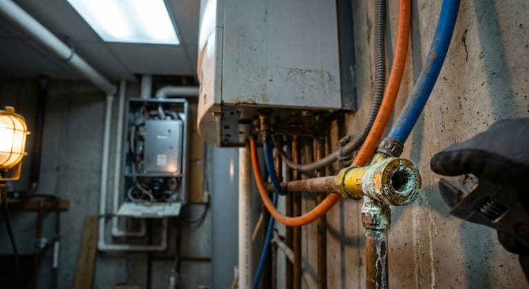 Orange and blue composite water tubes meeting a yellow brass fitting with white corrosion crust near a boiler.