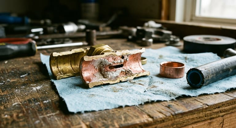 A brass plumbing fitting cut in half showing pink-toned metal and white powdery deposits inside its passage.