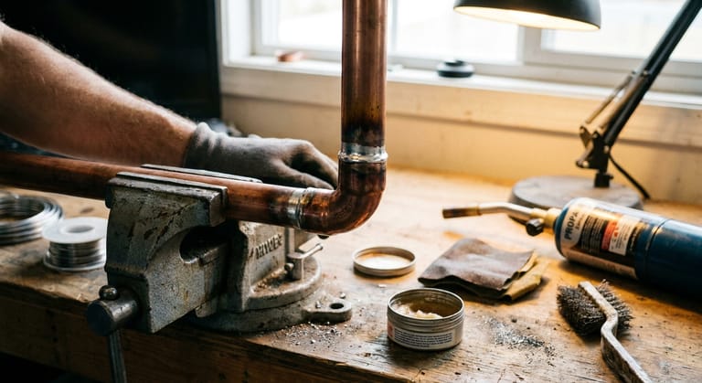 A freshly soldered copper elbow held in a bench vise beside a coil of solder wire, a tin of flux and an emery cloth.