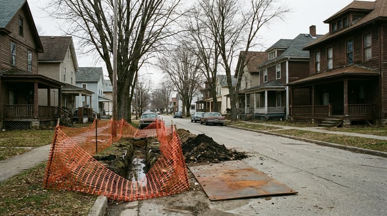 A street of older two story houses with a narrow fenced excavation and a pile of soil at the curb.