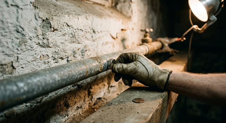 A gloved hand holds a small magnet against a grey water pipe in a basement to see whether it sticks.