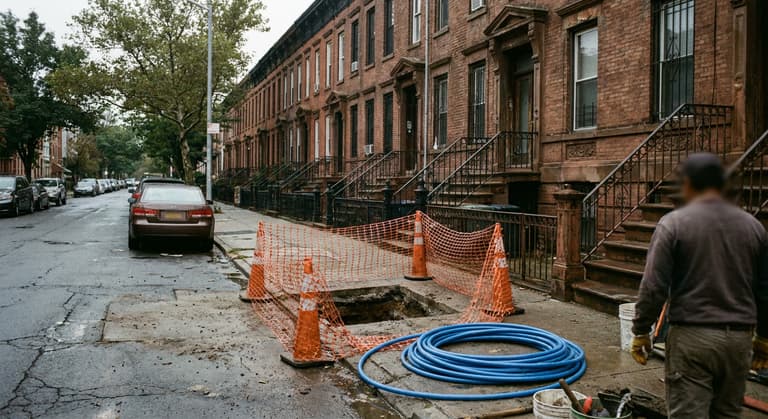 Attached brick rowhouses along a residential street with a fenced sidewalk cut and a coil of new water tubing beside it.