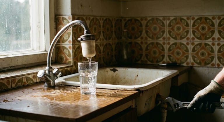 A faucet mounted water filter on a chrome kitchen tap filling a clear glass over an older porcelain sink.