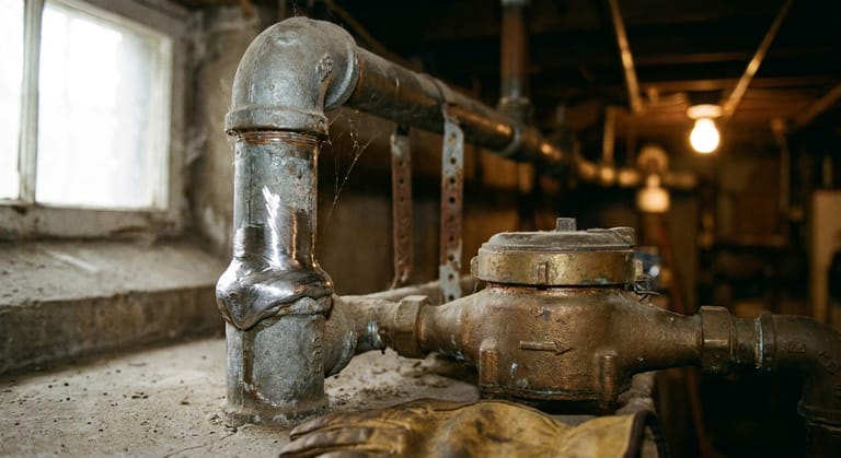 Close view of a dull grey lead water pipe with a bright scratch mark and a rounded wiped joint beside a basement water meter.
