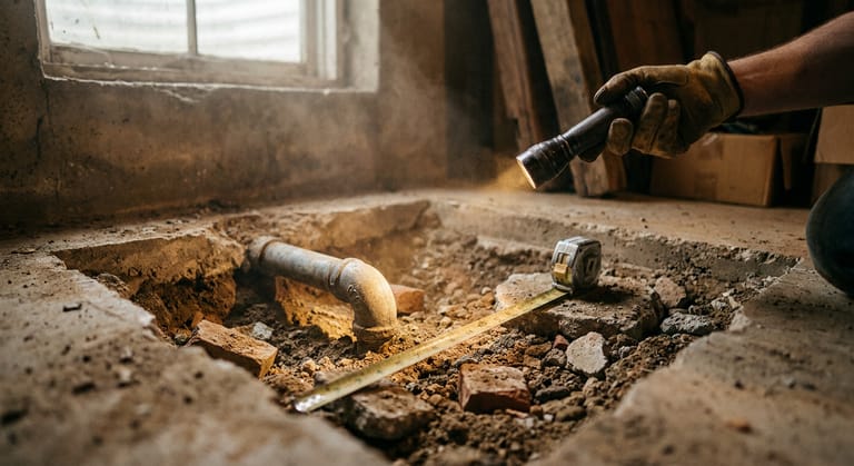 A flashlight and an extended tape measure over a water service pipe exposed in a broken-open basement floor.