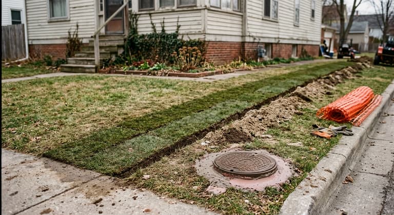A strip of new sod and a round meter lid in a front lawn where a water line trench was backfilled.