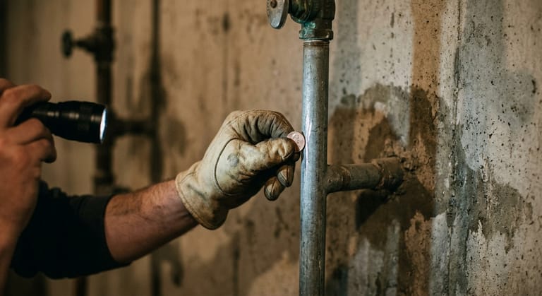 A gloved hand scratching a dull gray pipe with a coin, leaving a bright silvery streak on the surface.