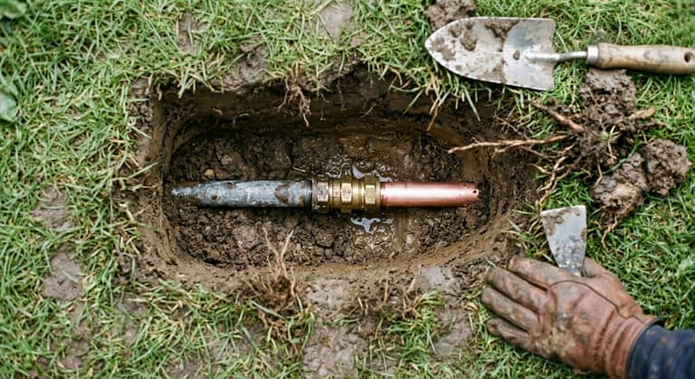 An excavated hole in a lawn showing an old gray water pipe joined to new copper pipe at a brass fitting.