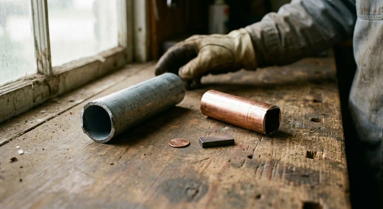 A dull gray pipe offcut and a copper pipe offcut lying side by side on a workbench with a coin and a magnet between them.
