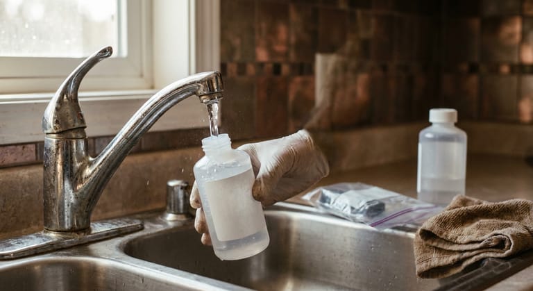 Cold tap water filling a clear laboratory sample bottle at a kitchen sink, with a second capped bottle on the counter.