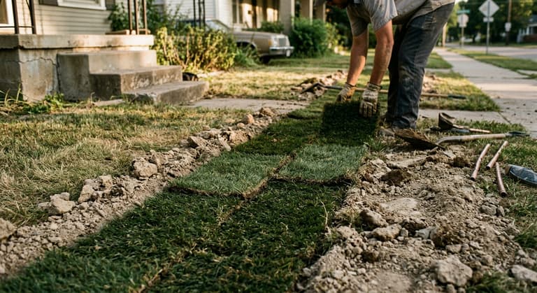 A strip of newly laid sod running across a lawn over a backfilled sewer trench, sitting slightly lower than the older grass.