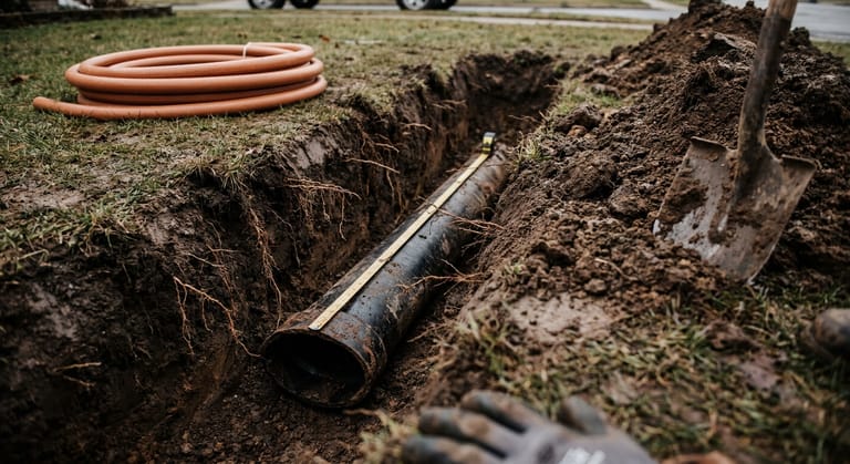 An open trench in a lawn exposing a deformed black fiber sewer pipe with a tape measure laid along it and a coil of new pipe on the grass.