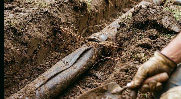 A black fiber sewer pipe in an open trench, its opening flattened into an oval with tree roots growing through the joint.