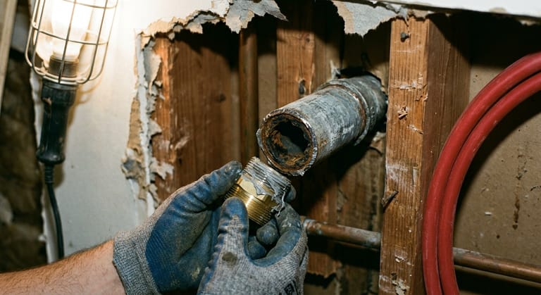 Gloved hands fit a brass threaded adapter to the cut end of an old galvanised pipe, with new PEX tubing alongside.