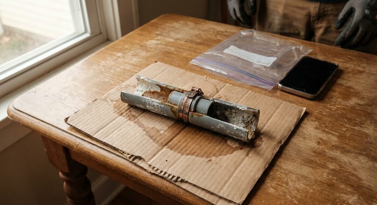 A cut-out length of grey polybutylene pipe split at its fitting, laid on cardboard beside a clear bag on a table.