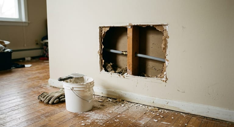 A rectangular hole cut in a bedroom wall exposing a stud and gray plastic supply tubing, with a compound bucket, taping knife and drywall dust on the floor.