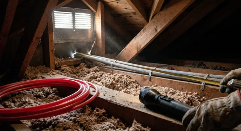 A tape measure stretched along gray polybutylene tubing in an attic, with a coil of new red PEX and a flashlight resting on a joist.