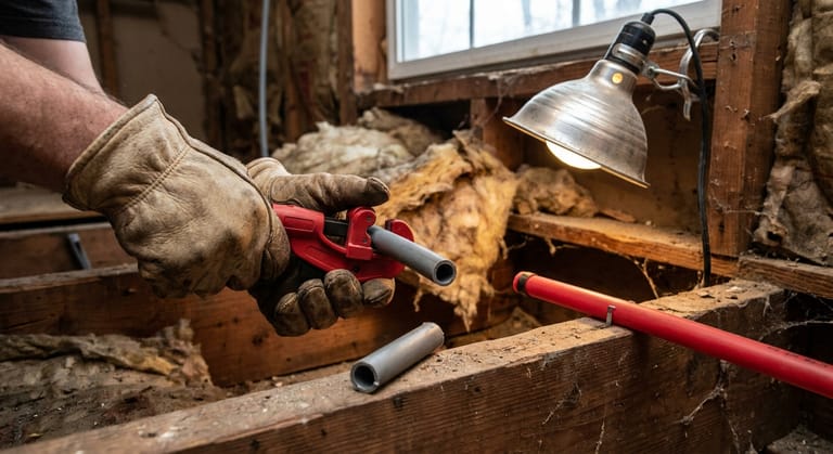 Gloved hands cutting a gray polybutylene supply line in a basement joist bay next to a newly installed PEX run.