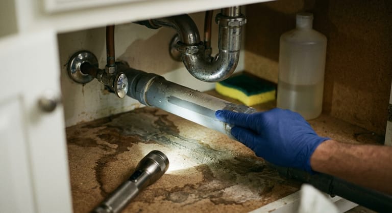 A gloved hand wiping dust from a grey plastic water supply tube beside a shutoff valve under a bathroom sink.