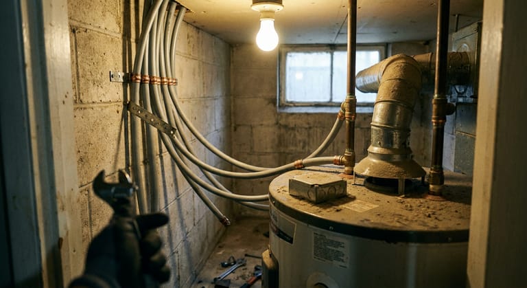 Grey flexible plastic supply tubes with copper crimp rings connected above a gas water heater in a utility closet.