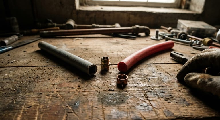 A gray polybutylene tubing offcut and a red PEX offcut lying side by side on a workbench with a brass fitting between them.