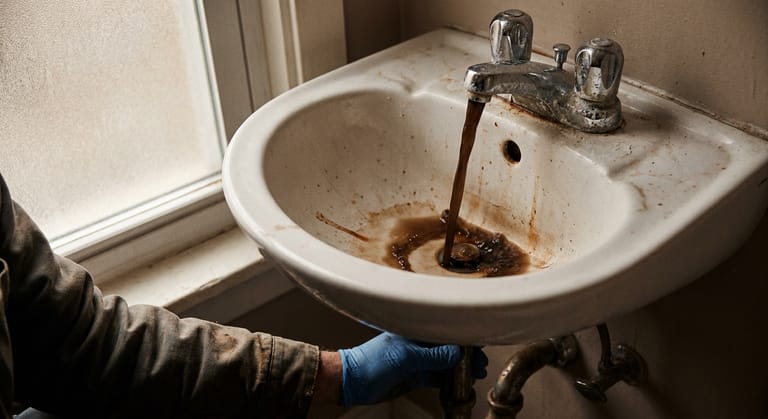 Brown discoloured water running from a tap into a white porcelain basin with rusty sediment in the bowl.