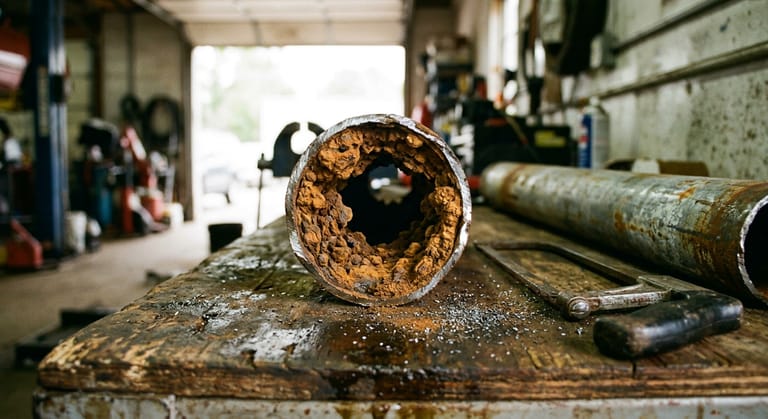 The sawn end of an old galvanised pipe showing thick rust build-up that has narrowed the inside opening.