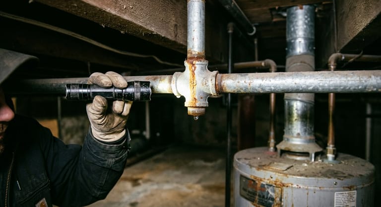 A flashlight beam on a rust-stained galvanised tee fitting under basement joists near an old water heater.